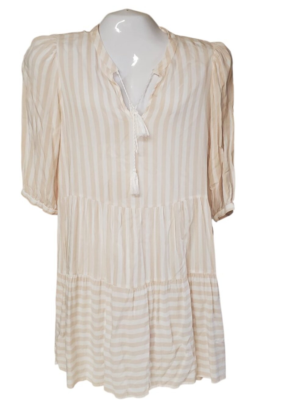Pigalle Women's Short Dress PGkaya 3\4 Puff Sleeves Color Cream Tan Size L